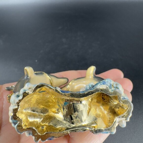 Vintage Enamel Hinged Lid Trinket Box Loving Dolphins Marked CR Metal Trinket - Picture 7 of 13